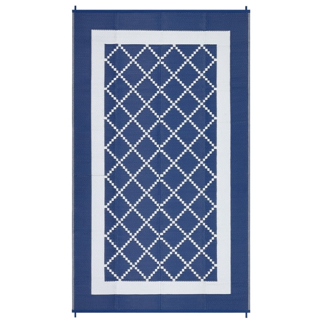 Waterproof Reversible Outdoor Rug 9x12ft – Navy/White Plastic Straw Patio Mat, UV Resistant, Easy Clean, Modern Geometric Design, with 4 Stakes & Portable Bag – United States