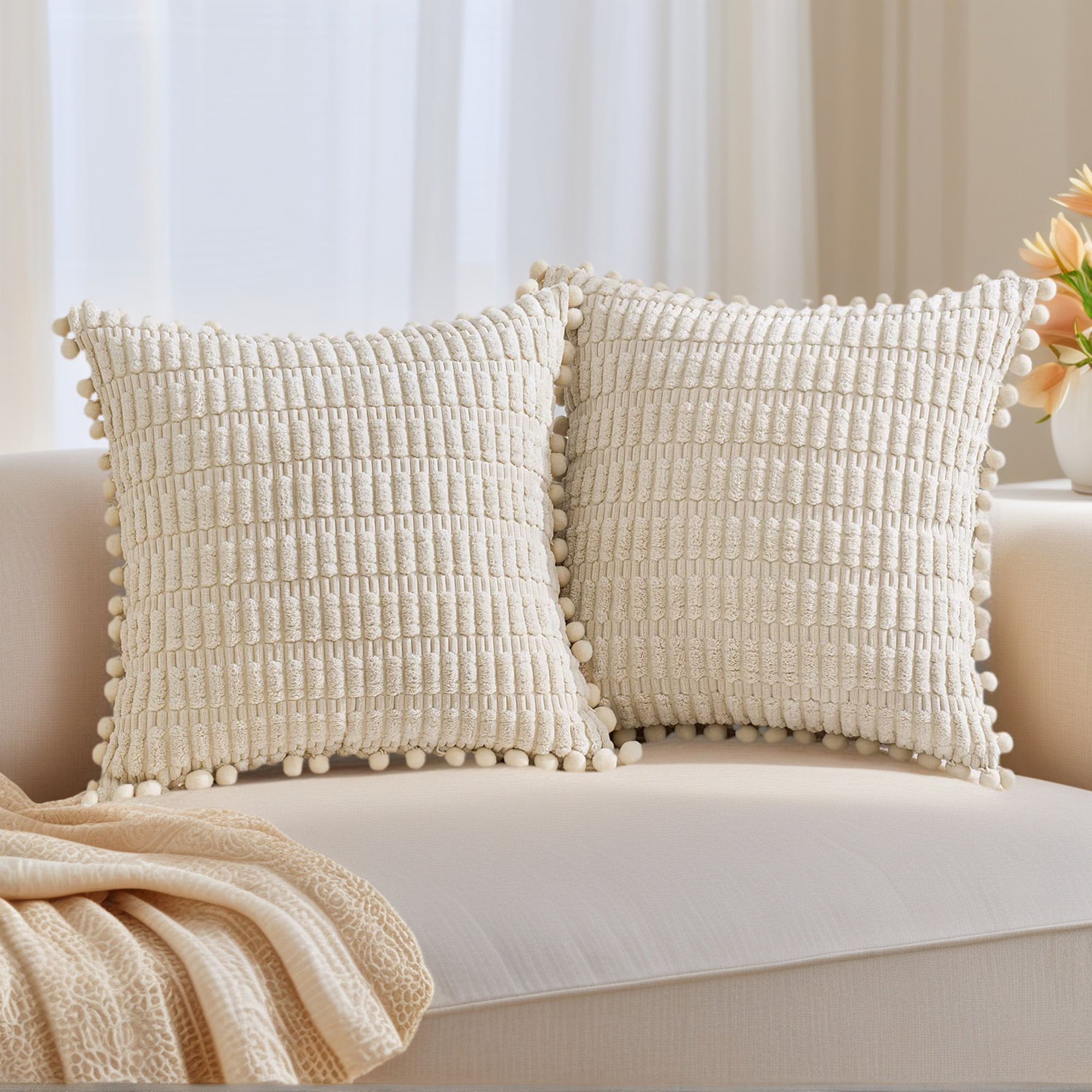 Unique Bargains Set of 2 Corduroy Throw Pillow Covers with Pom-pom Edges 18" x 18" Beige
