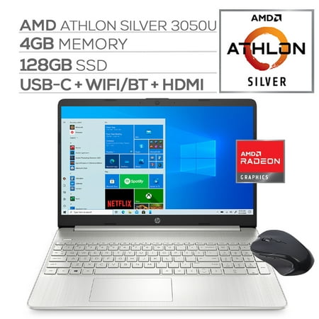 HP 15.6" FHD Slim and Light Laptop for Business and Student, AMD Athlon Silver 3050U, 4GB RAM, 128GB SSD, USB-C, HDMI, Wi-Fi, Bluetooth, Webcam, Mytrix Wireless Mouse, 1 Year Microsoft 365, Win 10