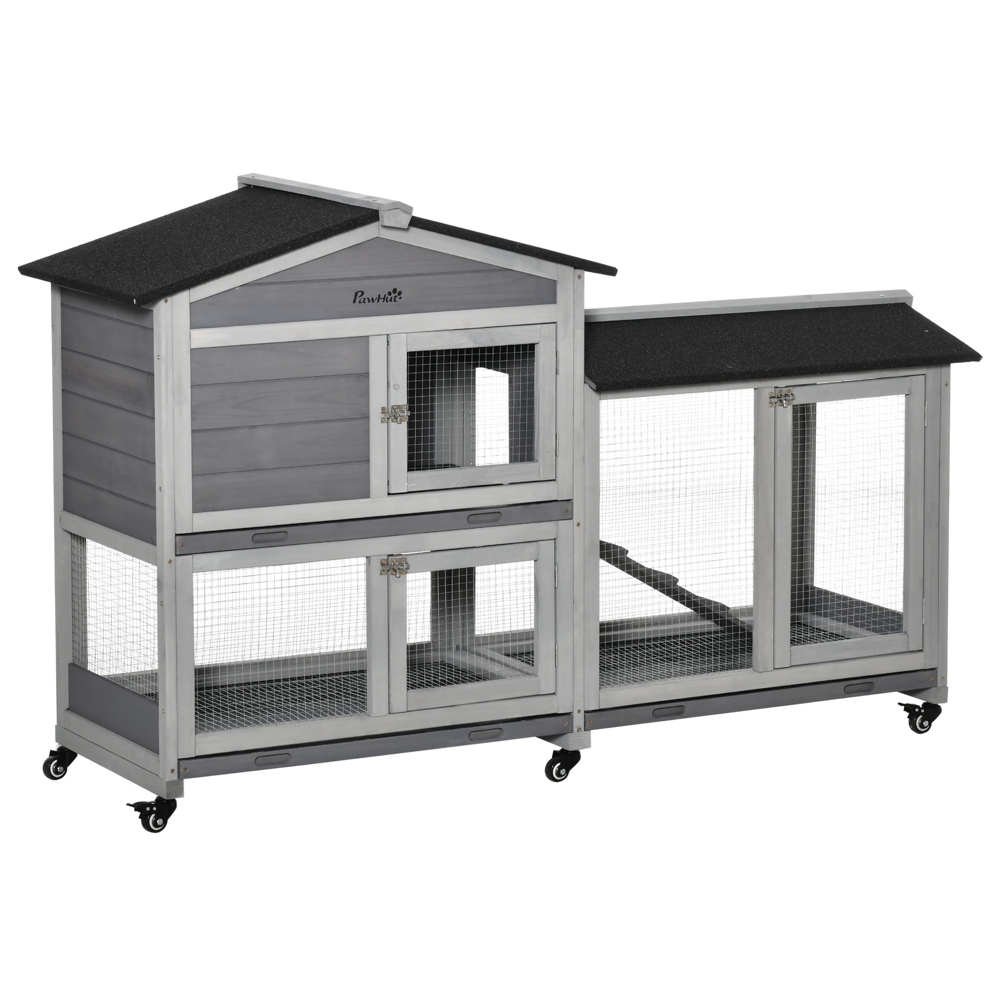 62" Wooden Rabbit Hutch, Bunny Cage, Pet Playpen House with Wheels, Run Box, No Leak Tray, and Ramp for Small Animals, Indoor/Outdoor Use, Light Gray