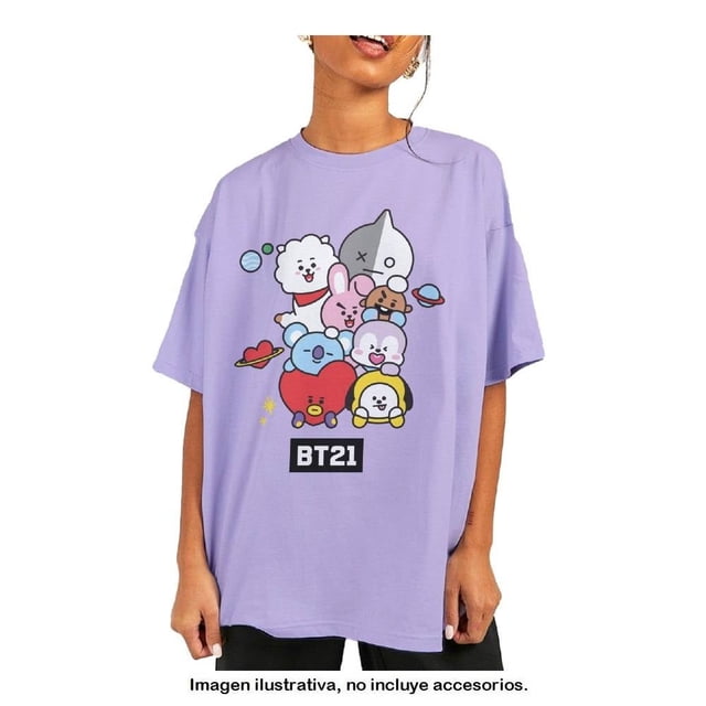 playera bt21 para niña, manga corta torre personajes oversize lila talla 16x oversize lila con estampado frontal de personajes BT21 apilados y logo BT21, cuello redondo y manga corta en vista frontal centrada, tela lisa con caída holgada, uso casual y apta para pijama ligera.