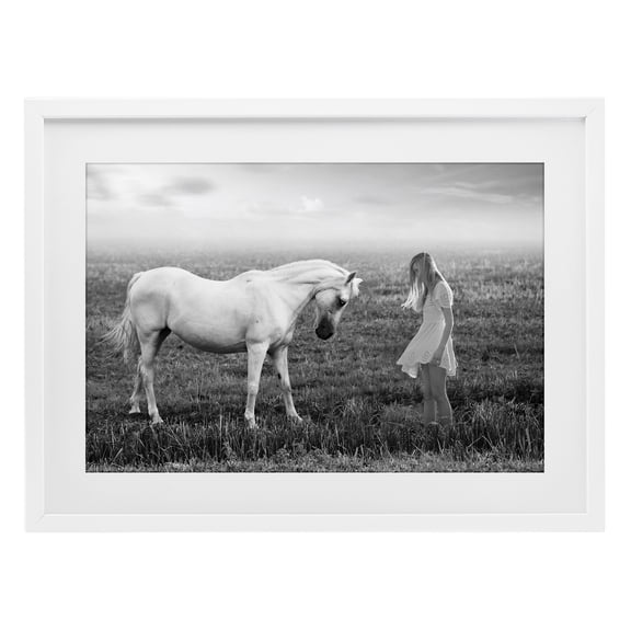 Her White Horse White Framed Print Under Glass, design by Ata Alishahi