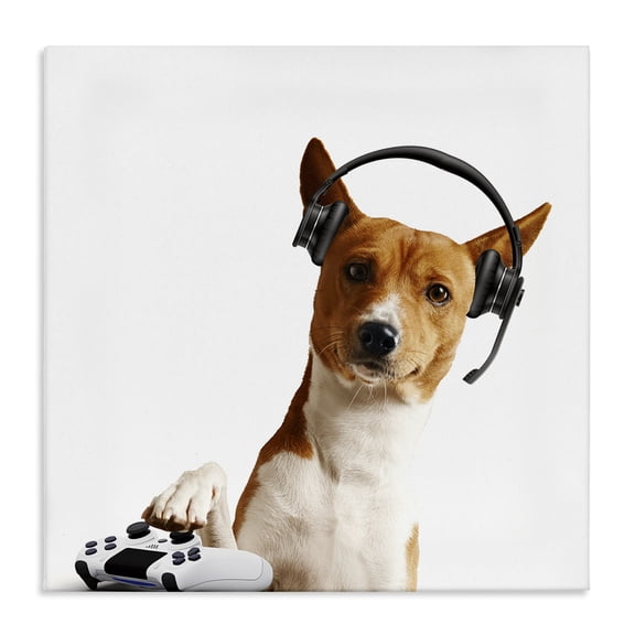 Stupell Industries Gaming Dog with Headset Animals Painting Wrapped Canvas Canvas Art Print Wall Art, 17 x 17