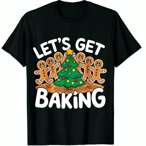Christmas Black Let's Get Baking Gingerbread Men And Tree Print Graphic T-Shirt ,Tops Tee for Women
