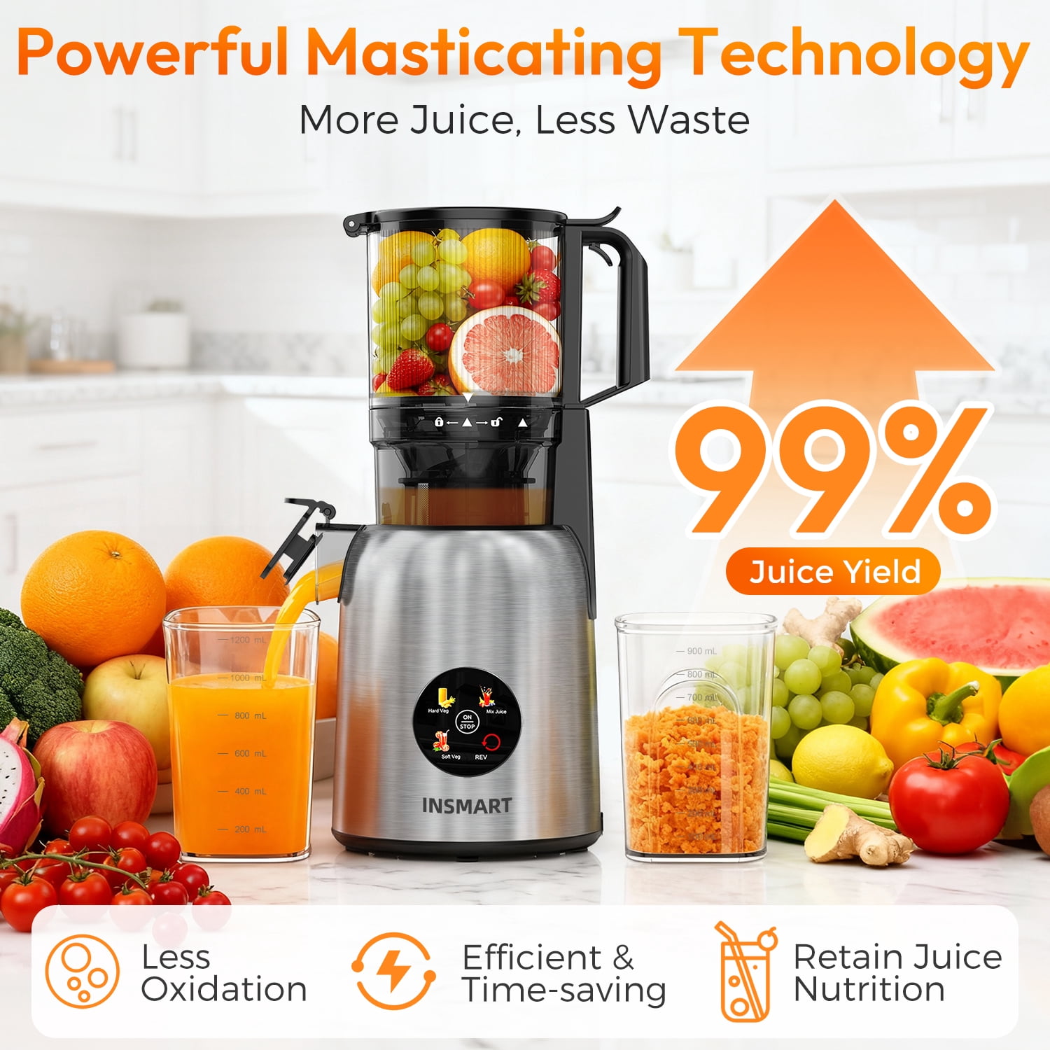 Open Box INSMART Cold Press Juicer,Juicer Machines with 5.4" Large Feed Chute,300w Slow Juicer Machines Fit Whole Vegetables and Fruits,Touchscreen Slow Masticating Juicer with 4 Mode(With Cleaning Function)