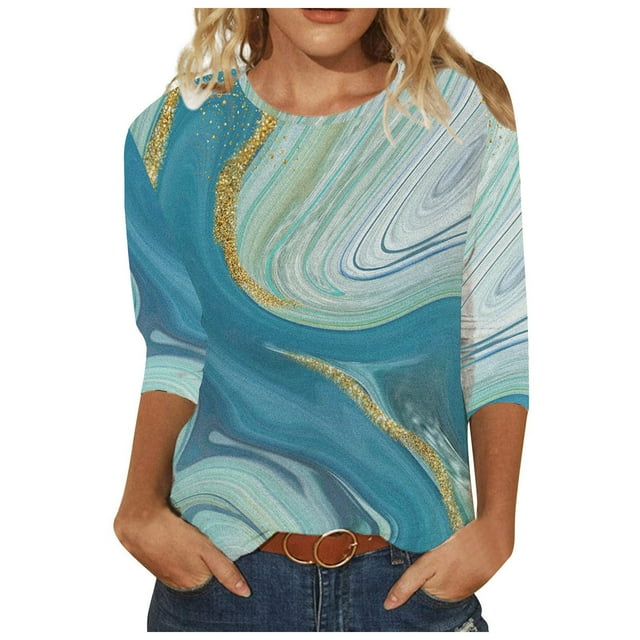 Hauts d'Été pour Femmes 2023 T-shirt Décontracté Imprimé Manches 3/4 Col Rond T-shirt Bohème Grande Taille pour Femmes
