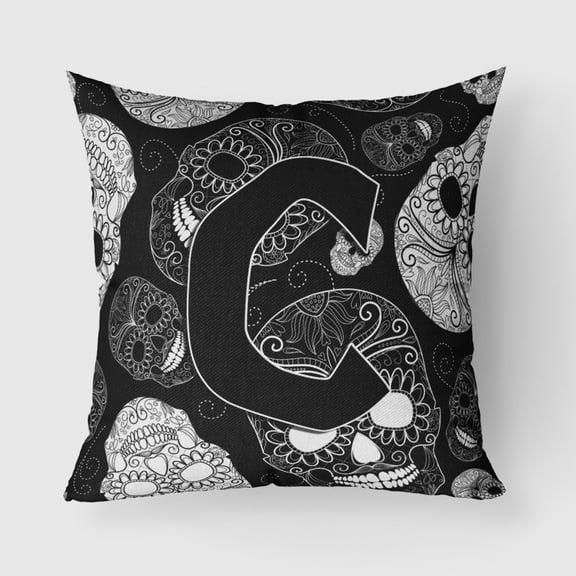 Carolines Treasures CJ2008-CPW1818 Letter C Day of the Dead Skulls Black Canvas Fabric Decorative Pillow  18H x18W
