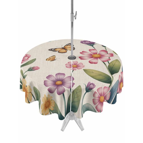Outdoor Tablecloth with Umbrella Hole for Patio/Picnic/Party/Camping, Pink Flowers Waterproof Table Cloth Round Cover Washable, Spring Floral Butterfly Leaves Plants Retro Beige (Dia 54")