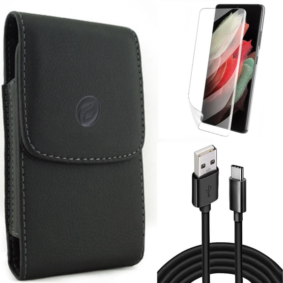 10ft USB Cable w Matte Screen Protector w Case Belt Clip for Samsung Galaxy S21 Plus - Type-C Charger Cord, TPU Film Anti-Glare, Leather Holster Accessory Bundle