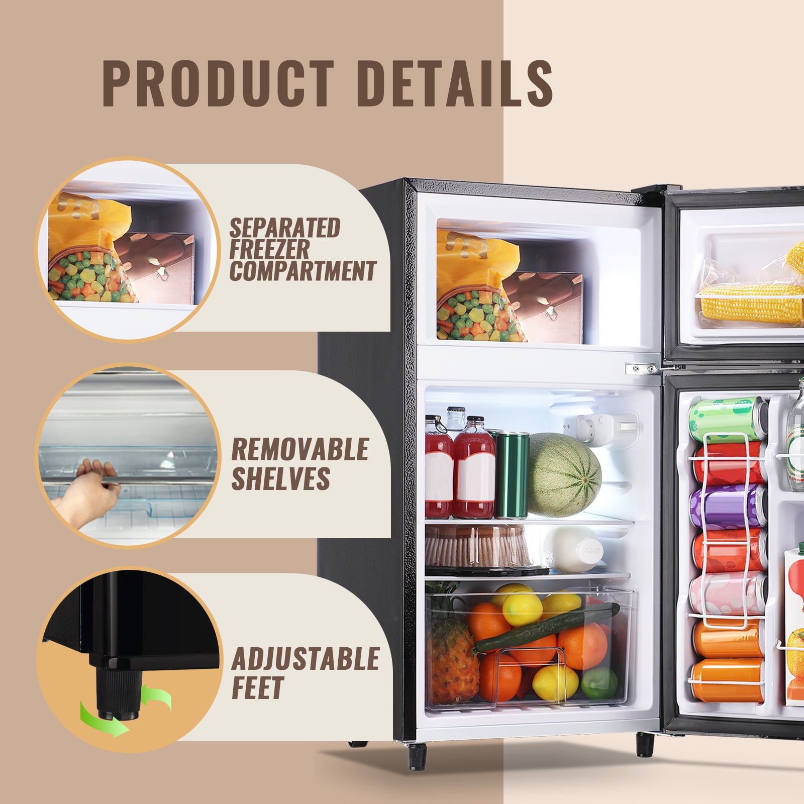 WANAI 3.5 Cu.ft Fridge with Freezer 2 Door Compact Refrigerator Adjustable Thermostat Silver New