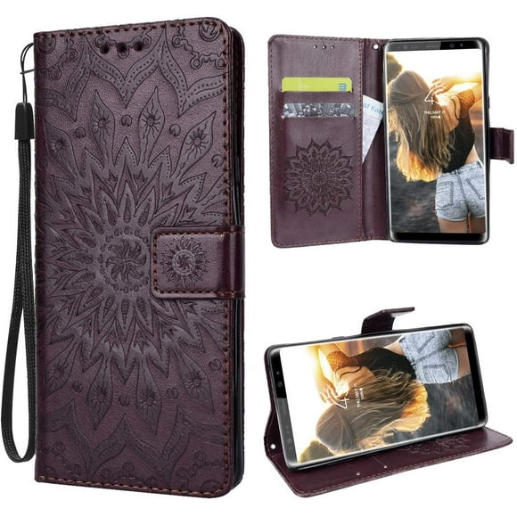 For Samsung Galaxy Note 9 Mobile Phone Cover Leather Pu Wallet Flip Case Flower Pattern Sunflower - Brown