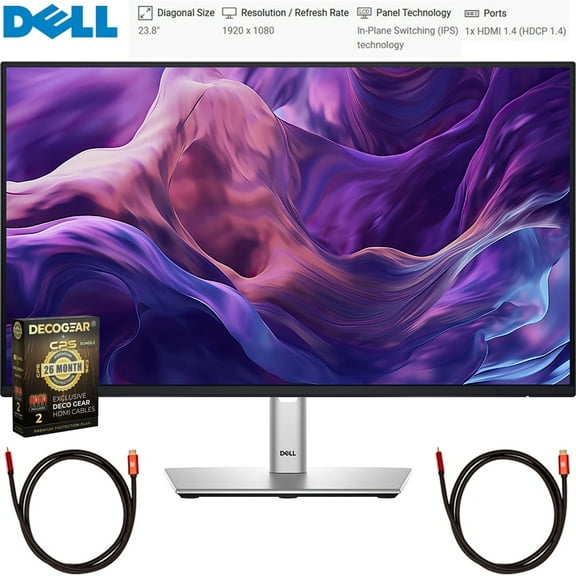 Dell DELL-P2425H 24 inch Full HD 1080p 16:9 LED Monitor Black/Silver Bundle with 2x Deco Gear 6FT Universal 4K HDMI 2.0 Cable and Deco Gear CPS Exclusive 26 Month Protection Pack (BEACH-CPS-26M250)