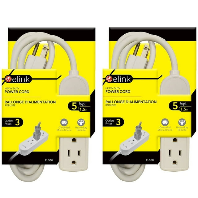 Elink - Set of 2 3 Outlet Power Bars, Heavy Duty, 5 Feet Length, White