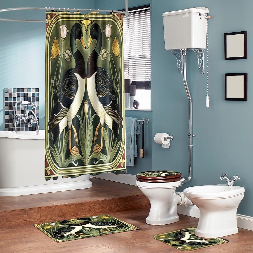 4PCS Vintage Bigfoot Sasquatch Shower Curtain Sets,Funny Animal Bathroom Sets with Non-Slip Rugs,Toilet Lid Cover,Bath Mat,Shower Curtain with 12 Hooks Farmhouse Bathroom Sets Decor