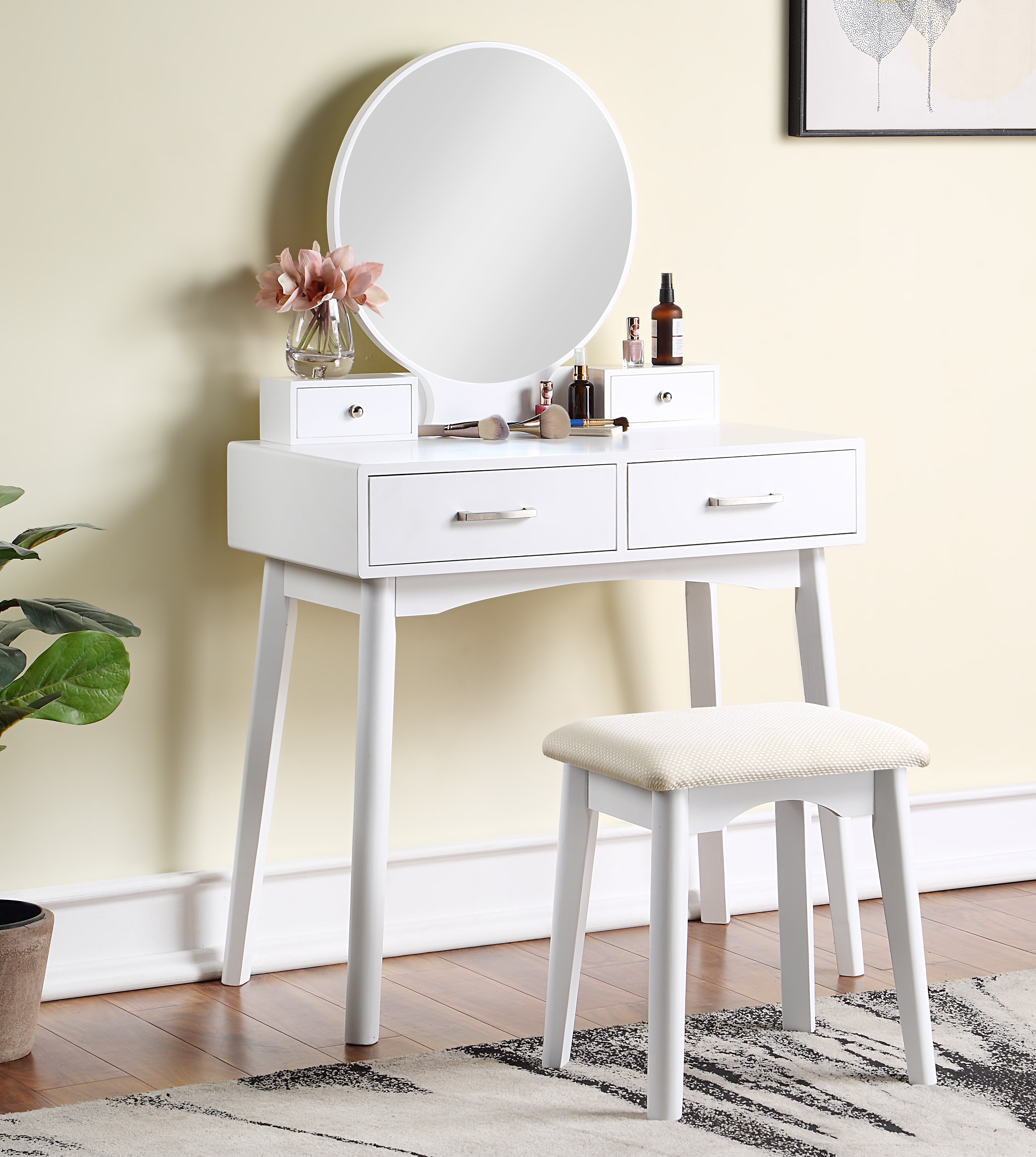 Mintazer Modern Vanity Table Set, Round Mirror Makeup Dressing Table with 4 Drawers & Upholstered Stool for Bedroom, White