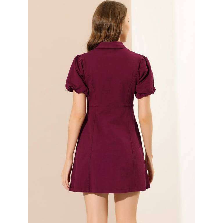 Unique Bargains Women s Puff Short Sleeve Button Front Mini Jean Denim Dress L Burgundy Walmart