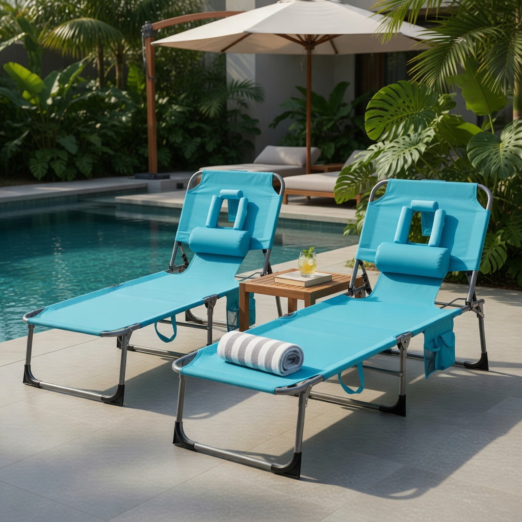 Hommoo Turquoise Folding Beach Lounge Chair with Adjustable Backrest, Carry Strap & Removable Pillow, Heavy-Duty Aluminum Frame, Perfect for Beach, Pool, Patio & Outdoor Relaxation