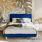 LIKIMIO Platform Bed Frame with Velvet Upholstered Headboard, Royal Blue, Full