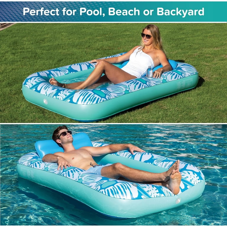 Aqua Inflatable Tanning Pool Lounger & Float with Removable Pillow - 71" x 48” - Blue Flowers