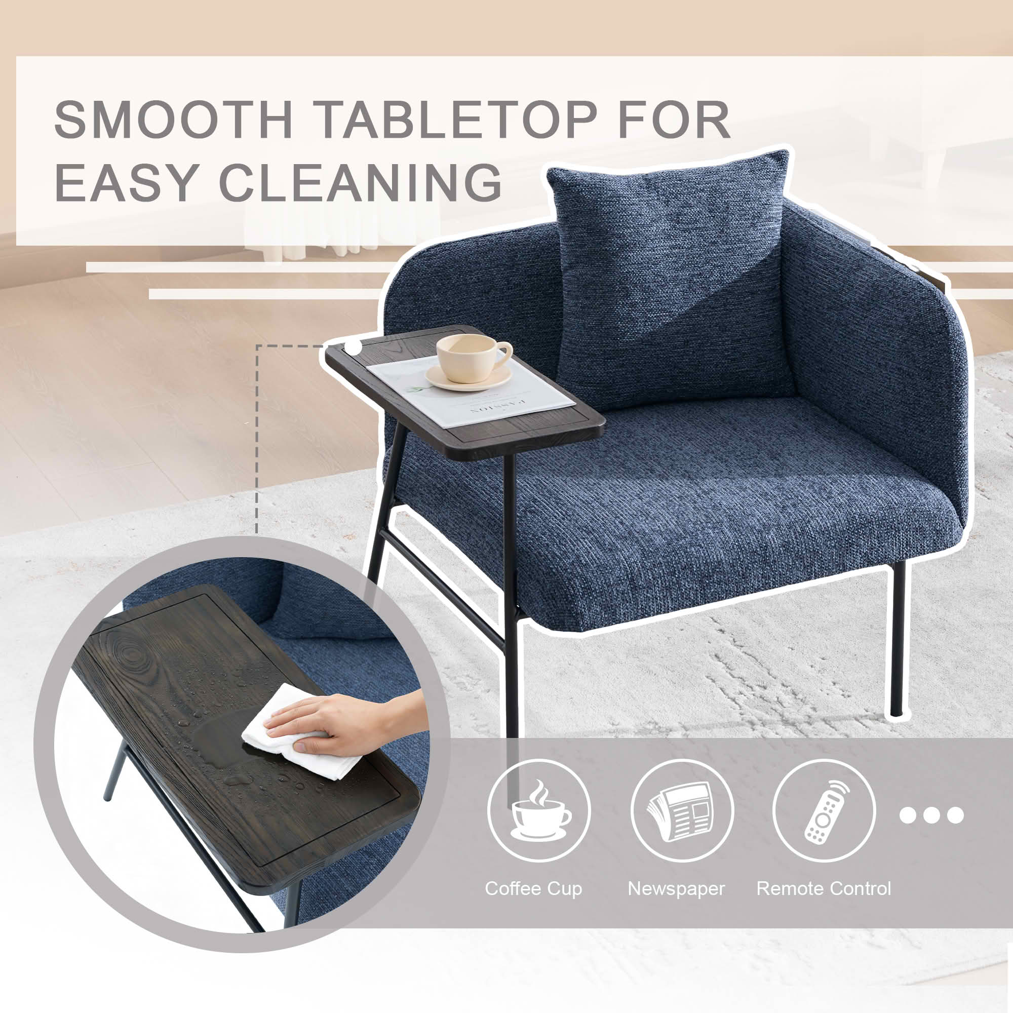 MAYEERTY Leisure Lounge Chair with Side Table & Back Pillow, Armchair, Navy, Living Room Bedroom