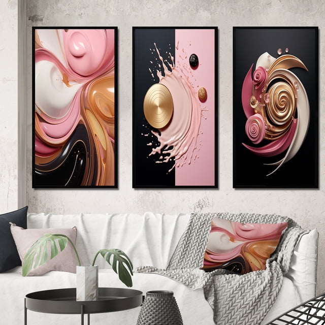 Designart "Whimsical Liquid Pink and Gold Art Glamorous Charm" Abstract Shapes Framed Wall Art Set Of 3 - Gold Transitional Frame Canvas Set For Living Room Decor