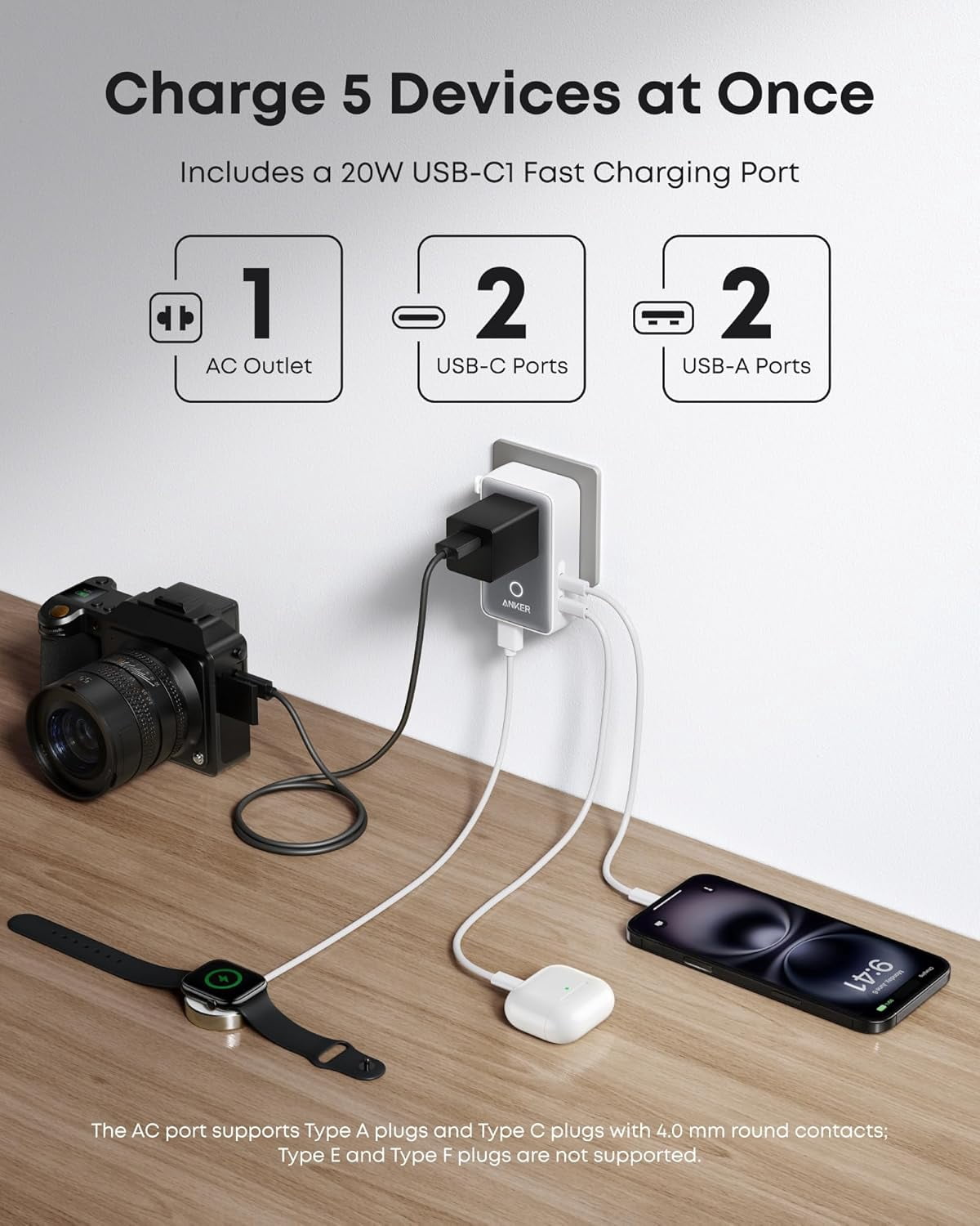 Anker Nano Travel Adapter, 5-Port Power Adapter