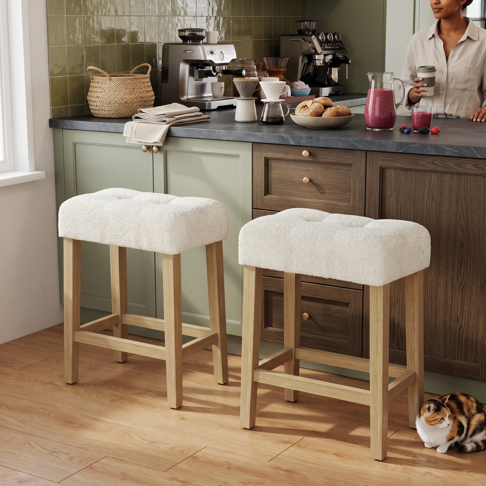 Furnibear Counter Height Bar Stools Set of 2, Upholstered Sherpa Fabric Barstools with Rubber Wood Legs, Footrest & Anti-Slip Pads, Backless Kitchen, Beige and Natural