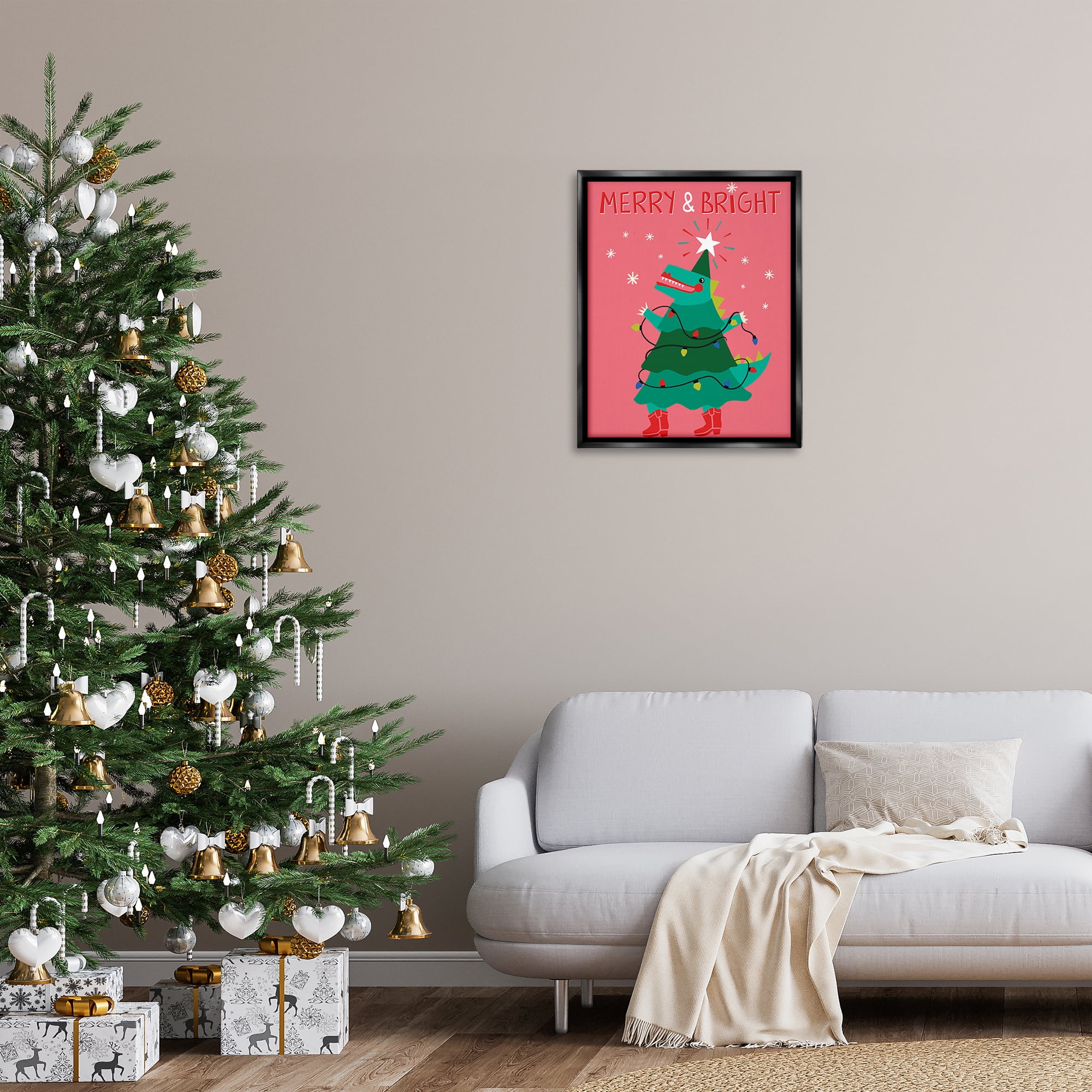 Stupell Industries Merry and Bright Dinosaur Holiday Painting Black Floater Framed Canvas Art Prints Wall Art, 25 x 31