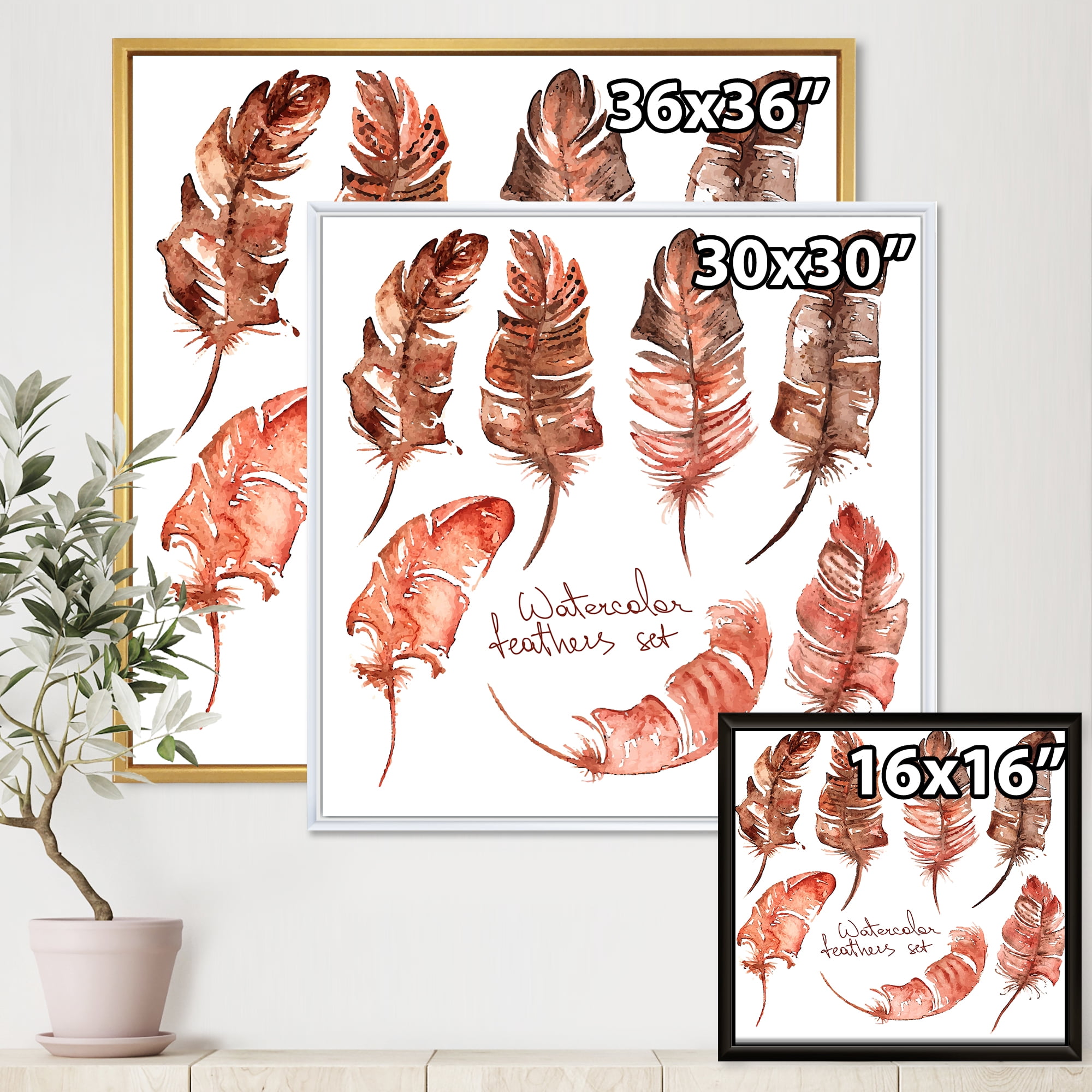 Boho Art Feather Icons 16 in x 16 in Framed Painting Canvas Art Print, by Designart