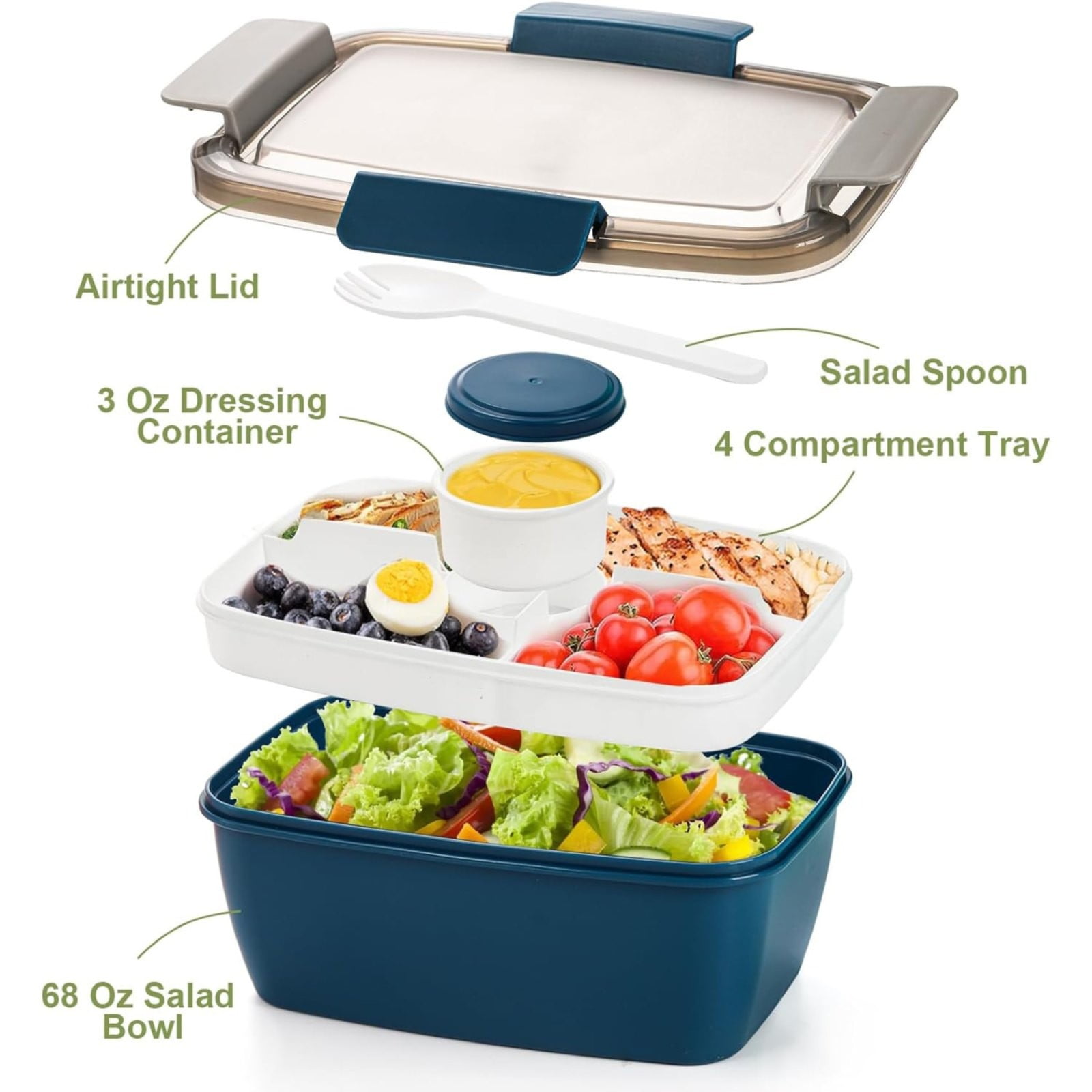 pdqouc Salad Lunch Container with Salad Bowl - Large Adult Bento Lunch Box, 5-Compartment Bento-Style Tray for Toppings, 3-oz Sauce Cups for Dressings, Stackable Clearance