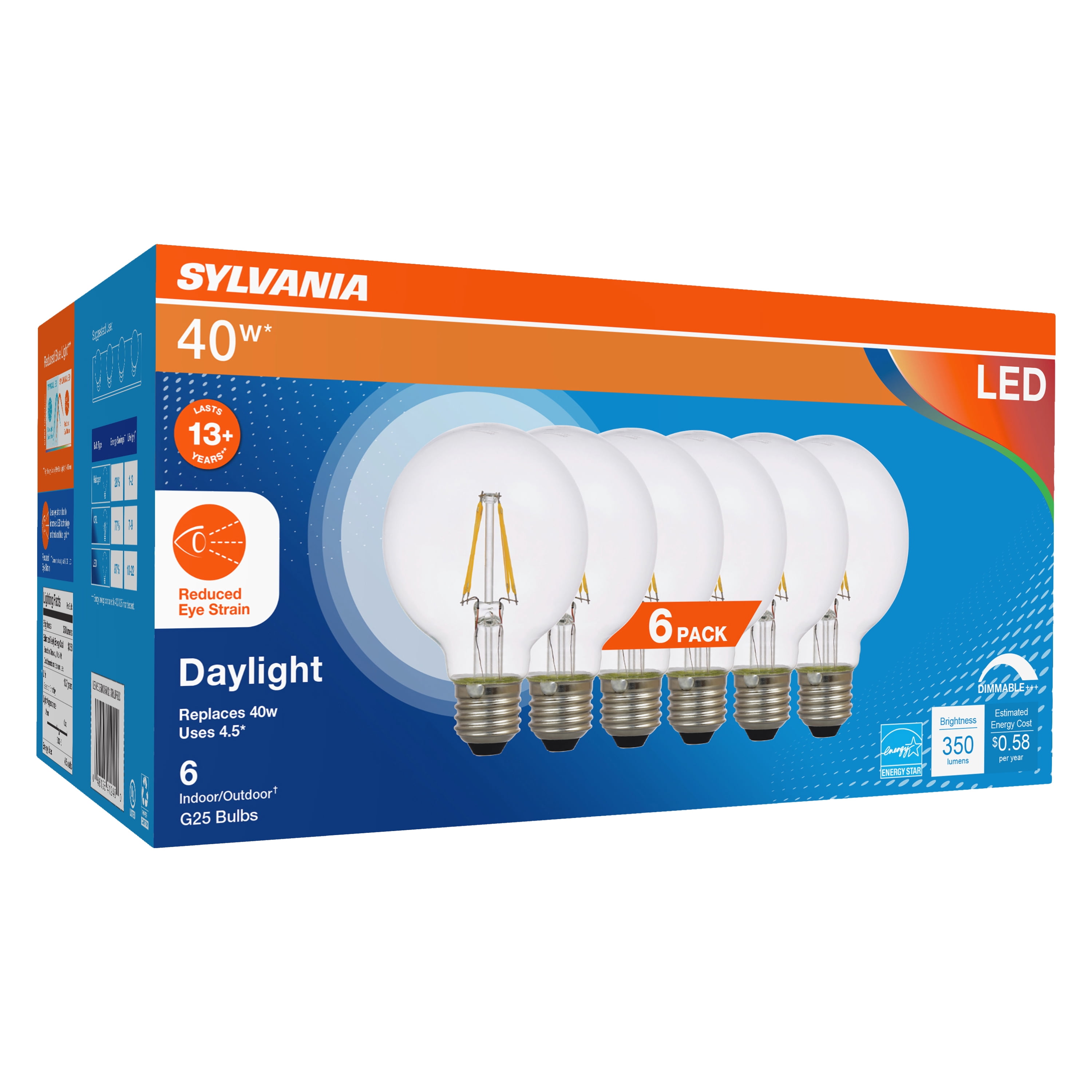 Sylvania LED Reduced Eye Strain Globe Light Bulb, 40W, Dim, Clear, Daylight, 6 Pack