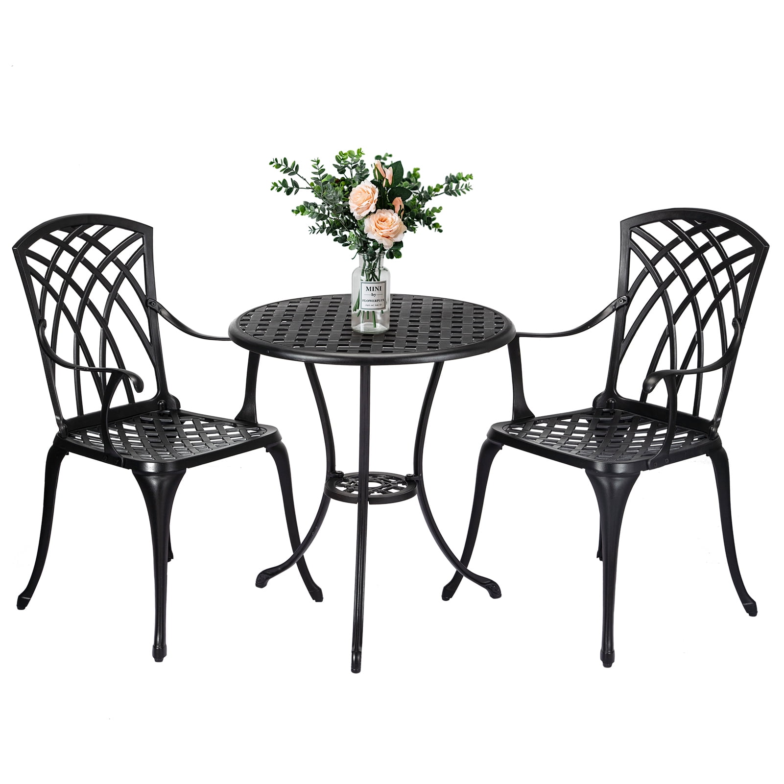 3 Piece Cast Aluminum Bistro Table and Chairs Set，Outdoor AllWeather Chair Set for Patio