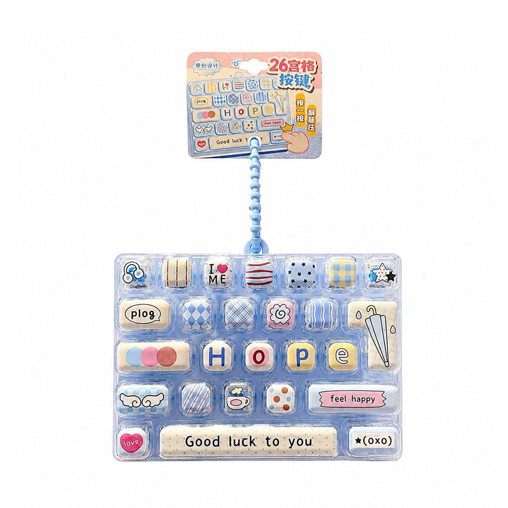 26-Key Keyboard Fidget Toy Keychain Pressable Cartoon Keypad Bag Charm with Lanyard for Backpacks & Travel Lucky Letter Blue