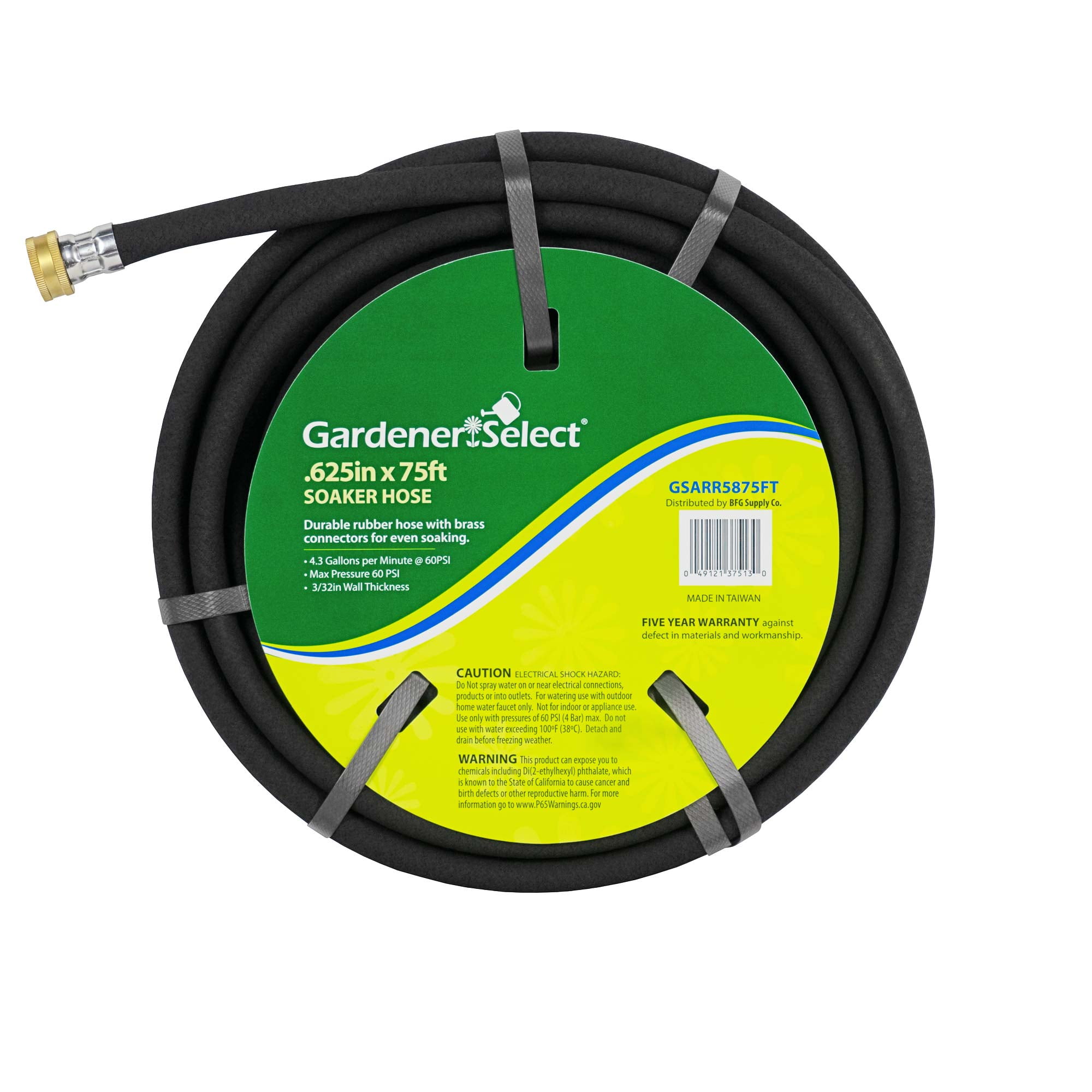 Gardener Select Durable Soaker Hose W/Brass Connectors, Black, 5/8" x