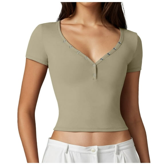 Women's T-Shirts Stylish Sexy Short Sleeve Button Up Crop Top Double Lined Slim Fit for Going Out and Casual Wear