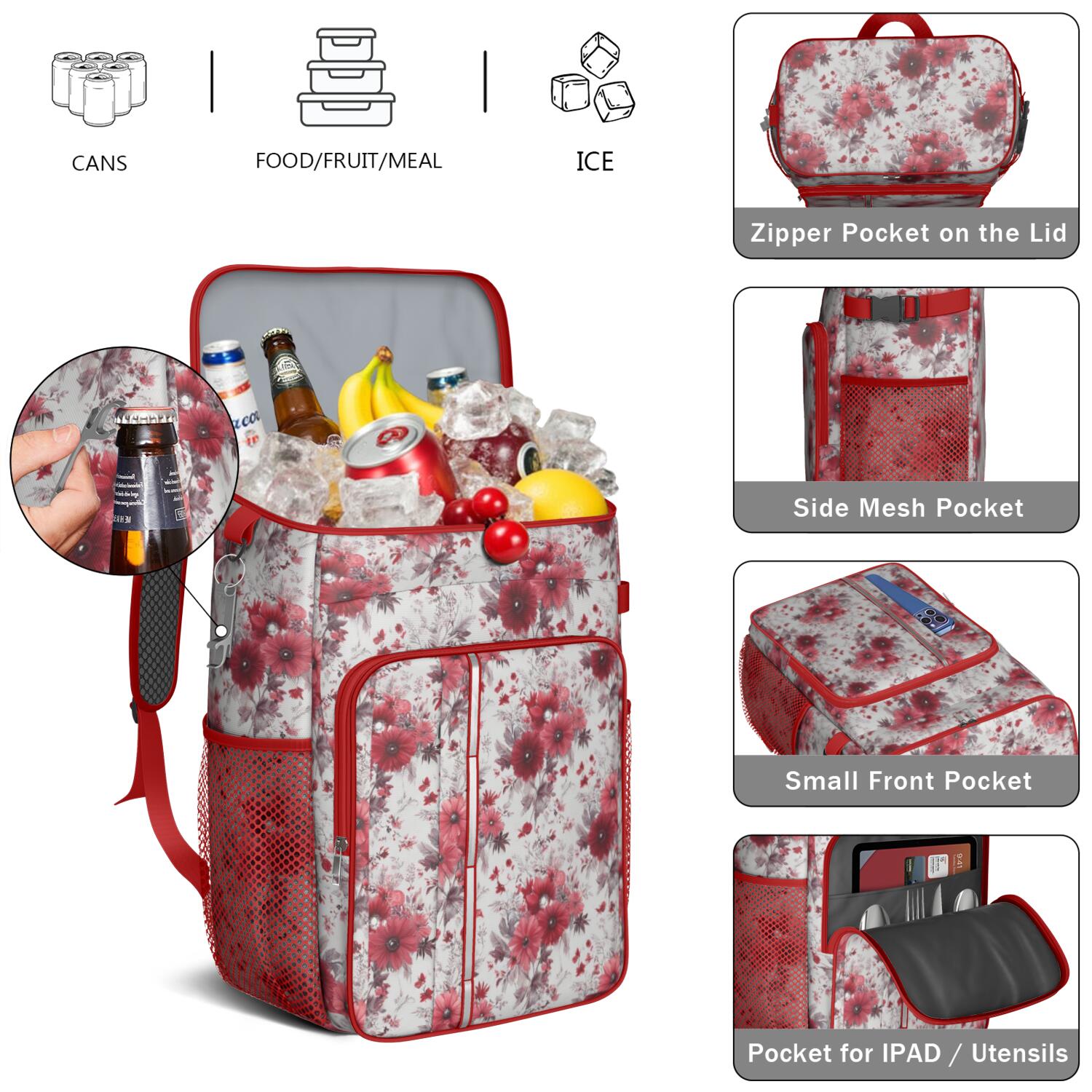 Travel Cooler Bag - Pioneer Flower Camping Beer Cooler Backpack with Bottle Opener- Waterproof Insulated Picnic Backpacks - Cooler Bag for Beach