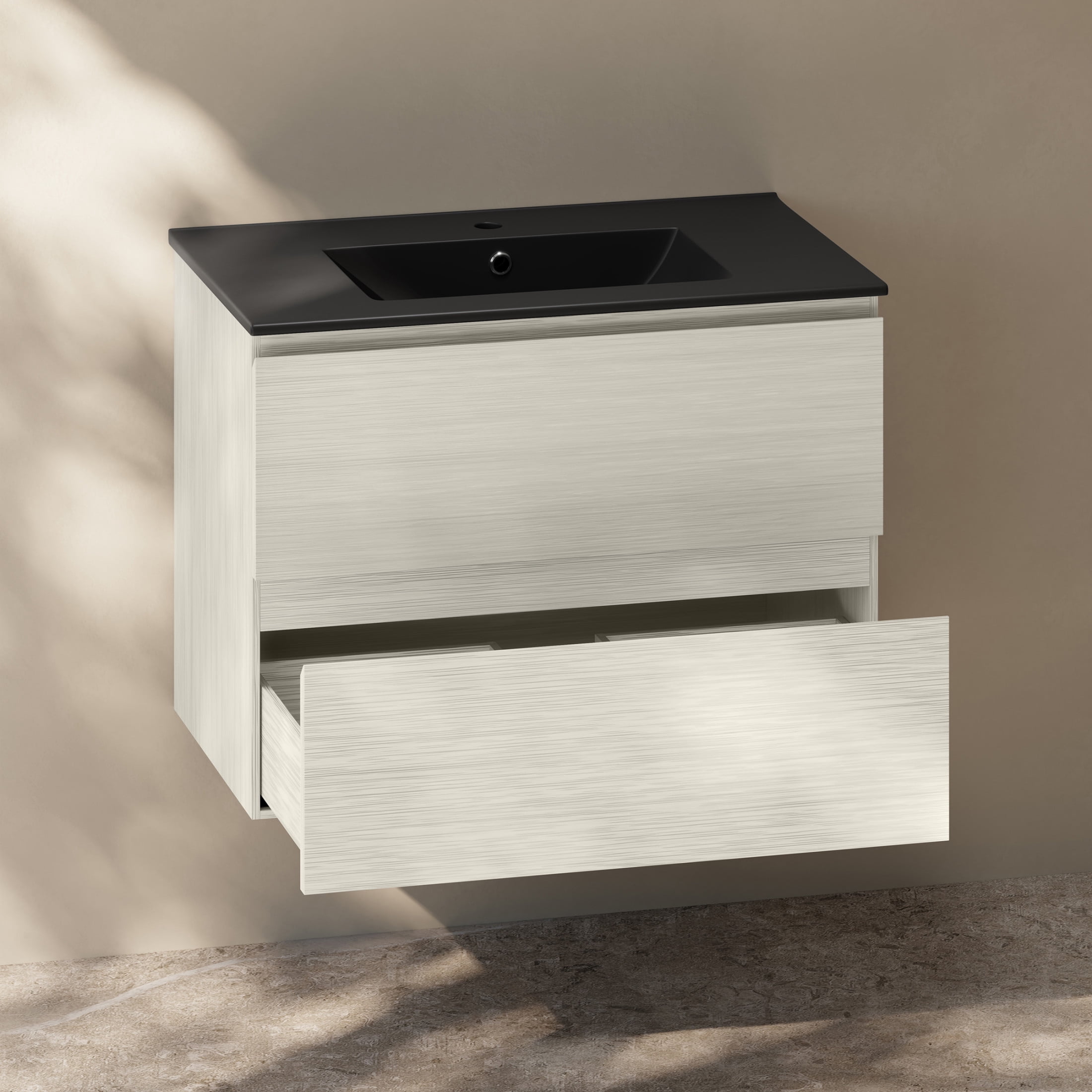 Liberte 30" Wall-Mounted Bathroom Vanity in White Oak with Black Sink Top