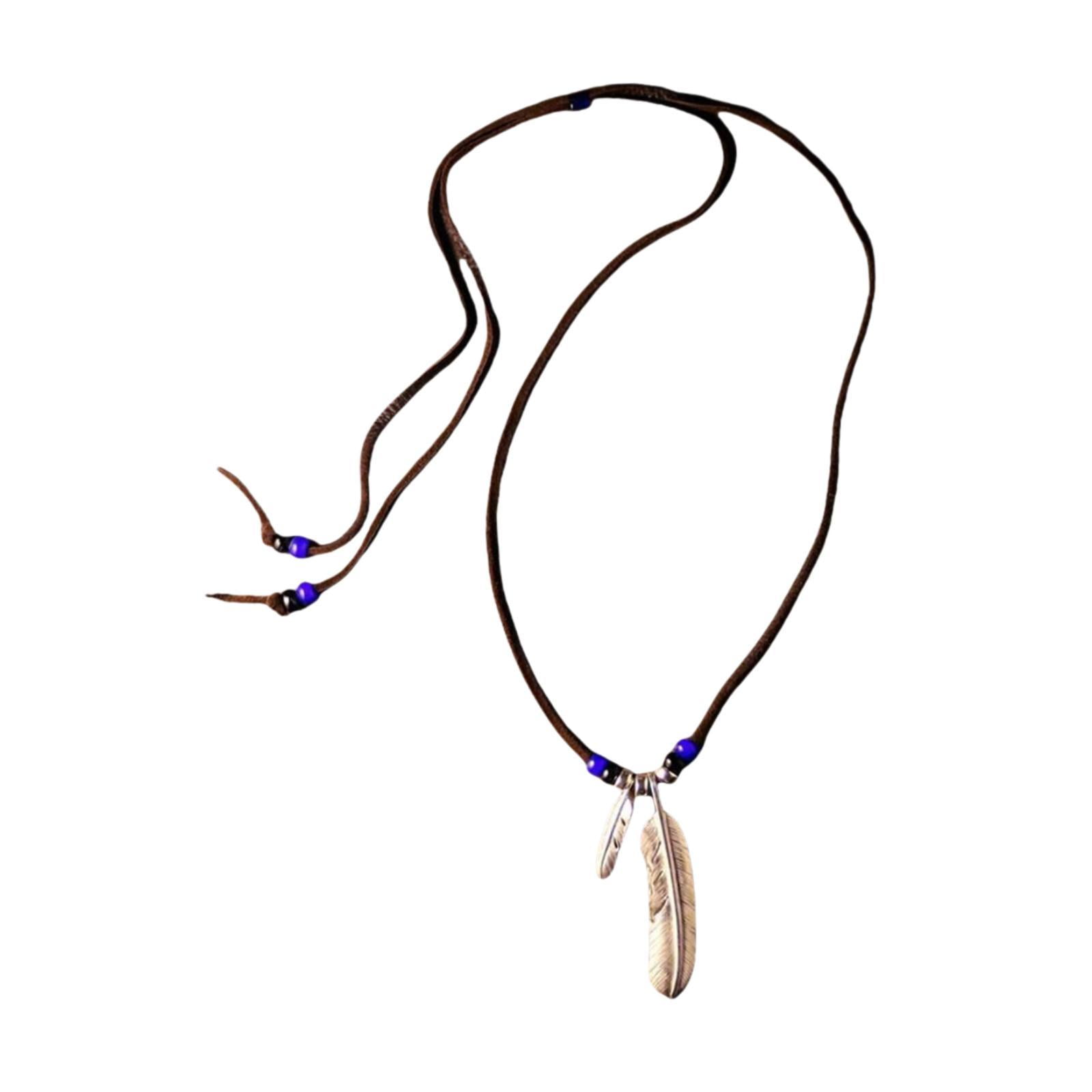 QccHieUs Feather Pendant Necklace Adjustable PU Leather Cord Jewelry Tribal Feather Charm normal