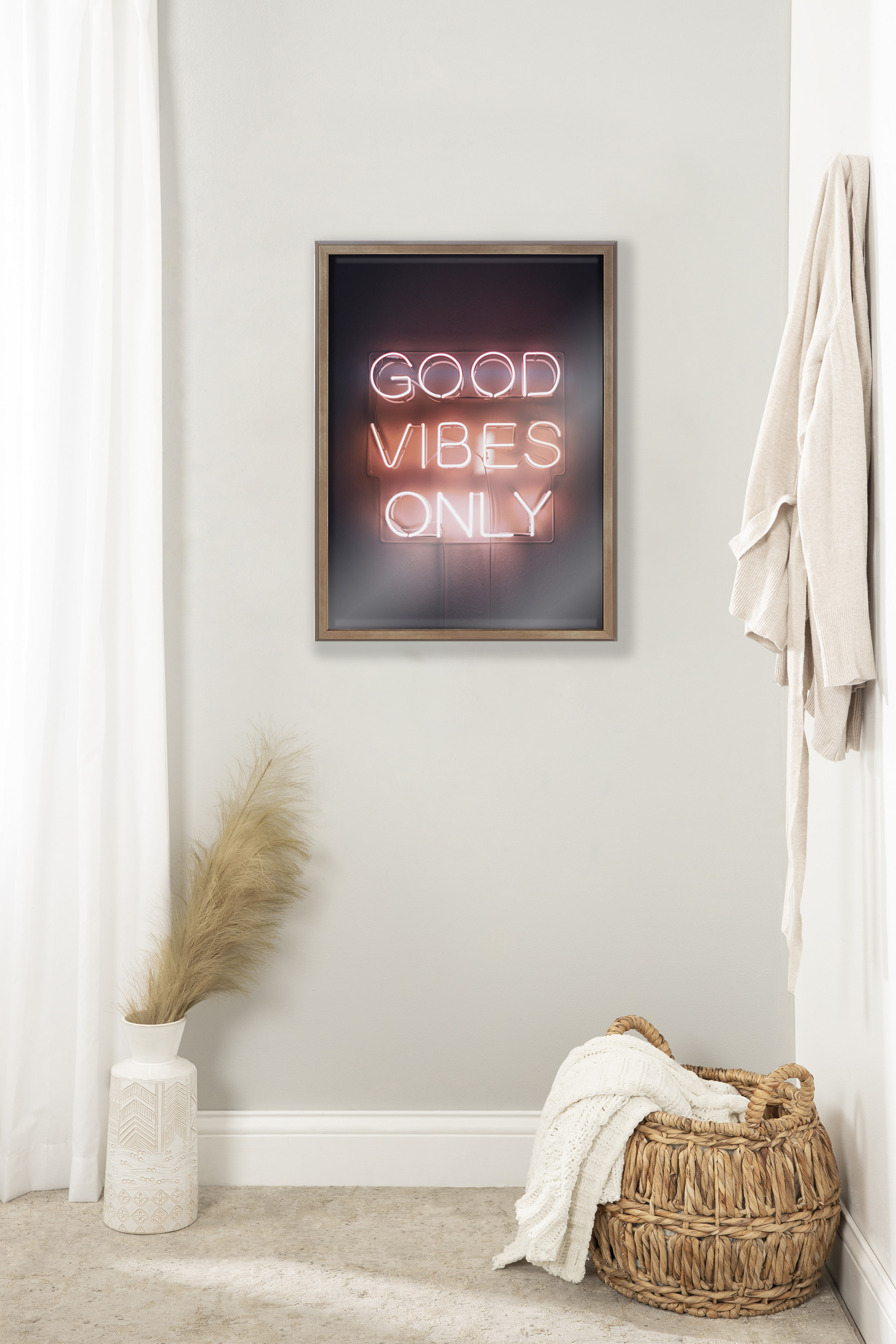 Kate and Laurel Blake Good Vibes Only Neon Sign Framed Printed Glass Wall Art by The Creative Bunch Studio, 18x24 Gold, Inspirational Art for Wall