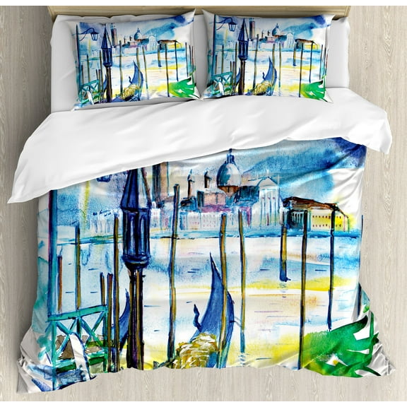 Landscape Duvet Cover Set, View with Boat in Venice Italy Landmark Seascape Scenic Watercolor Paint, Decorative 3 Piece Bedding Set with 2 Pillow Shams, King Size, Blue Purple Green, by Ambesonne