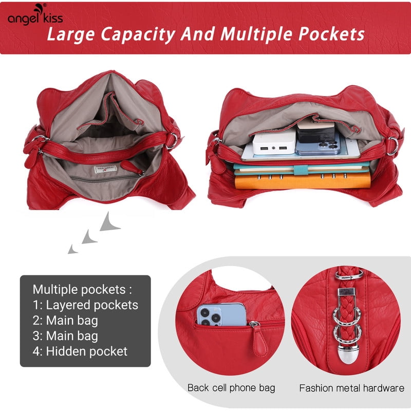 Angelkiss Hobo Shouder Purses for Women Crossbody Bag with Adjustable Long Straps Ultra Soft with Multiple Pockets