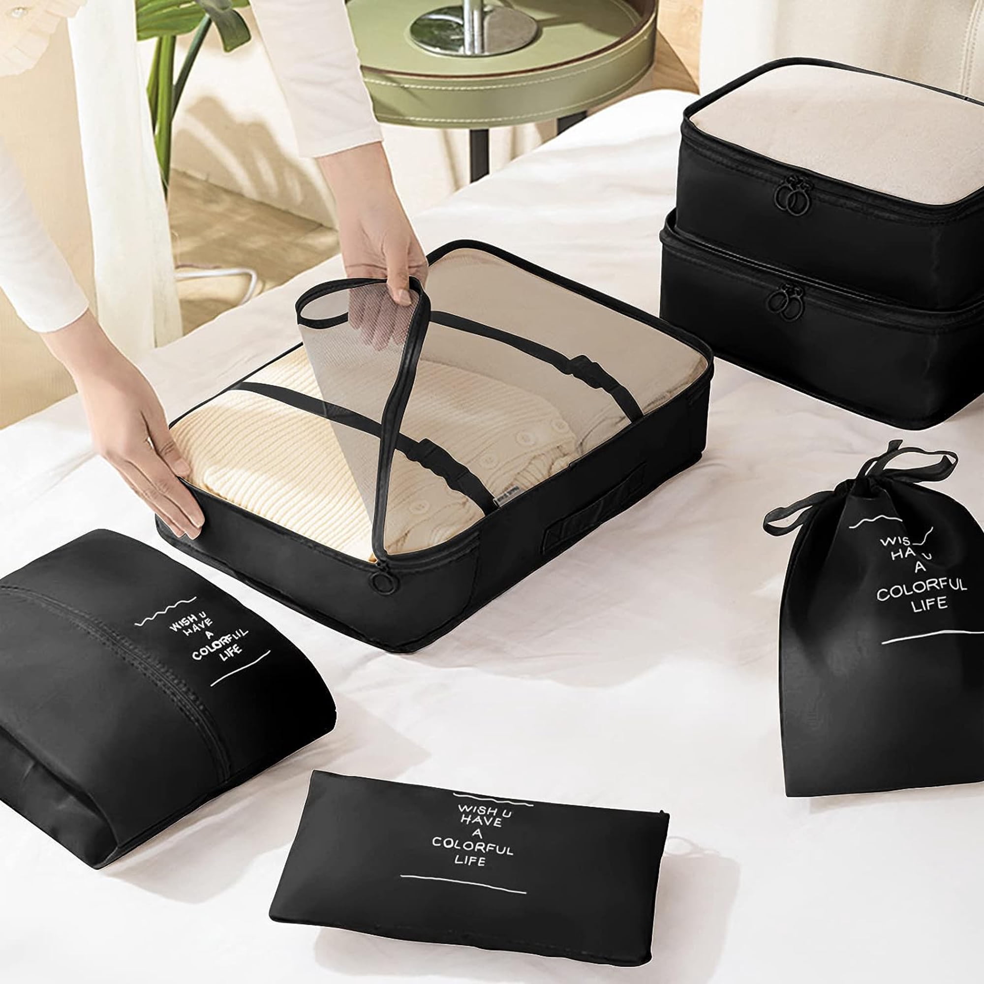 lEPECQ Packing Cubes for Travel & Suitcases Foldable Suitcase Organizer Lightweight Luggage Storage Bag 6 Pack - Black