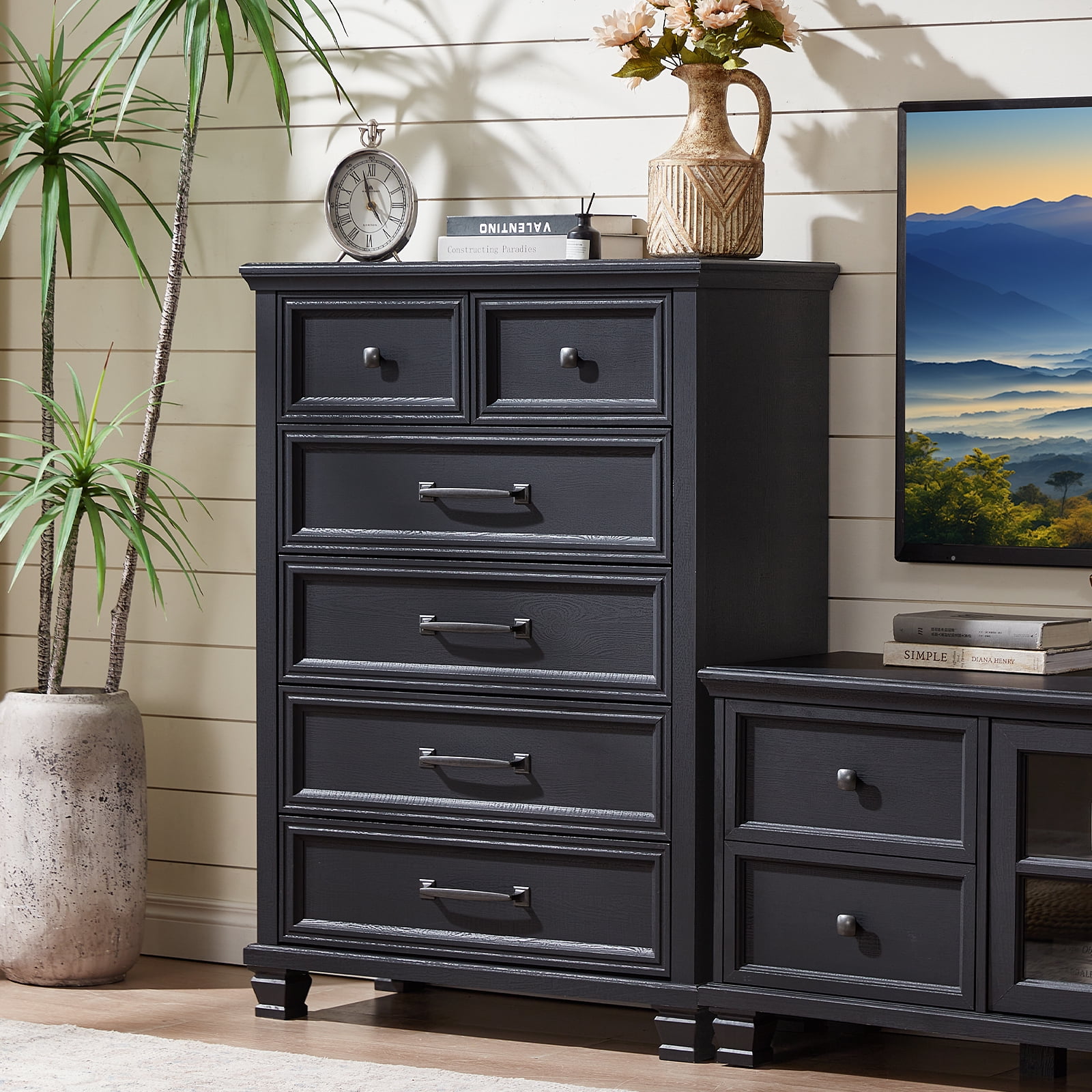 LELELINKY 6 Drawer Vertical Dresser for Bedroom, Modern Chest of Drawers Wood Storage Cabinet for Living Room, Black
