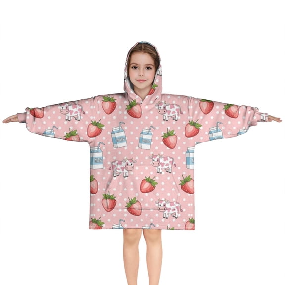 Pink Cow Milk Strawberry Pattern Blanket Hoodies for Kids 6-13YR Oversize Wearable Blanket Hoodies for Boys Girls Teens