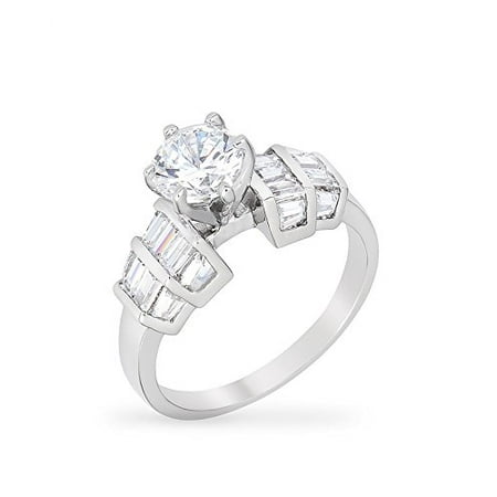 - Engagement Ring with Tapered Baguettes Bar Set Around 1.7 Carat Center Stone Size 6