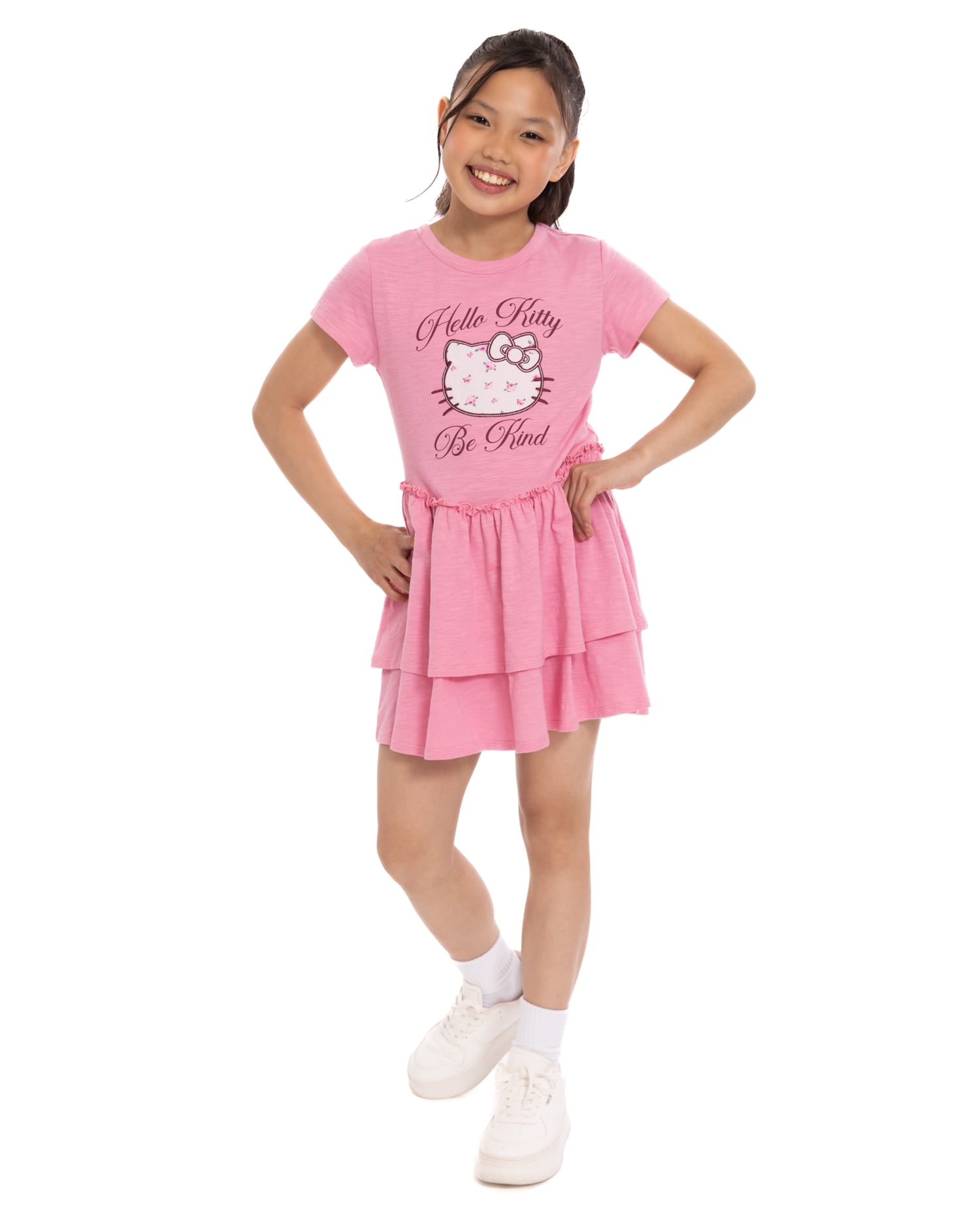 Hello Kitty Girls Tiered Dress with Embroidered Applique and Short Sleeves, Sizes 4-12