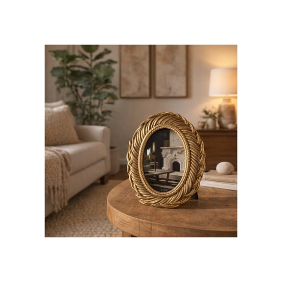 Round Feathers Photo Frame for Living Room Decor - Decorative Textured Picture Frame for Entryway, Console Table, and Dorm Styling - Home Accent for Bedroom and Office Decor - 8", Gold