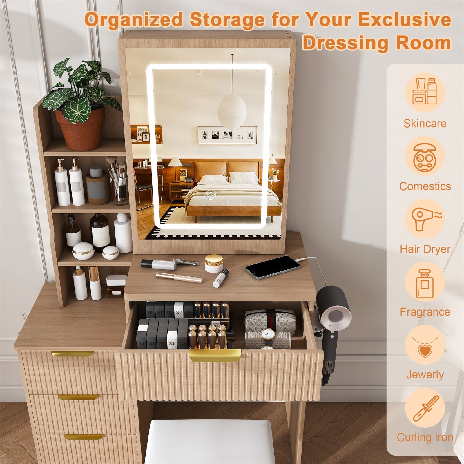 Hommoo Modern Fluted Vanity Desk Set, Makeup Vanity Dressing Table with Adjustable Brightness LED Lighted Mirror, 4-Drawer and Storage Shelves, Hair Dryer Holder and Power Socket, and Stool, Walnut
