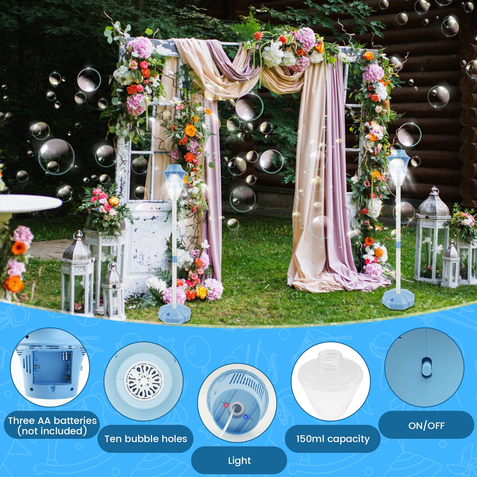 Threns Bubble Machine with Lights and Music Flexible Bubble Blower Adjustable Vertical Bubble Machine Portable Bubble Maker for Outdoor Birthday Party Wedding