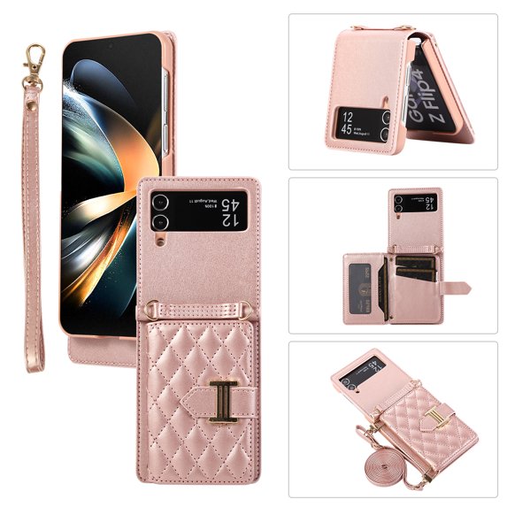 for Samsung Galaxy Z Flip 4 Detachable Shoulder Strap Wallet Case, with Card Slots & 360-degree Rotation Stand Ring Flip Premium PU Leather Protective Cover Lanyard for Women Girls, Rosegold